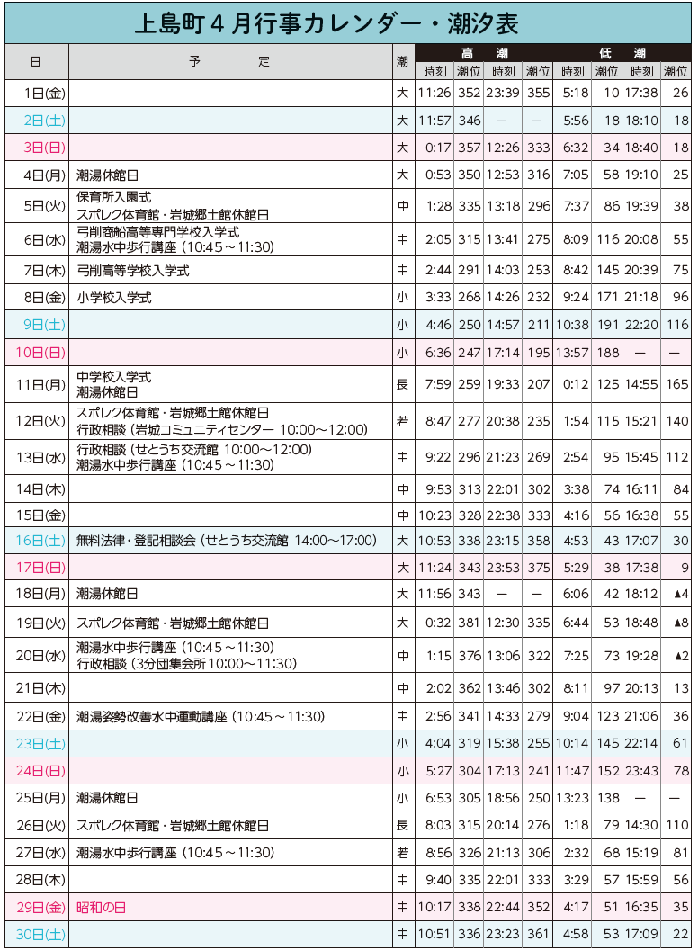 愛媛県上島町 広報かみじま 上島町4月行事カレンダー 潮汐表 マイ広報紙 広報かみじま 愛媛県上島町 22年4月号 ｄメニューニュース Nttドコモ